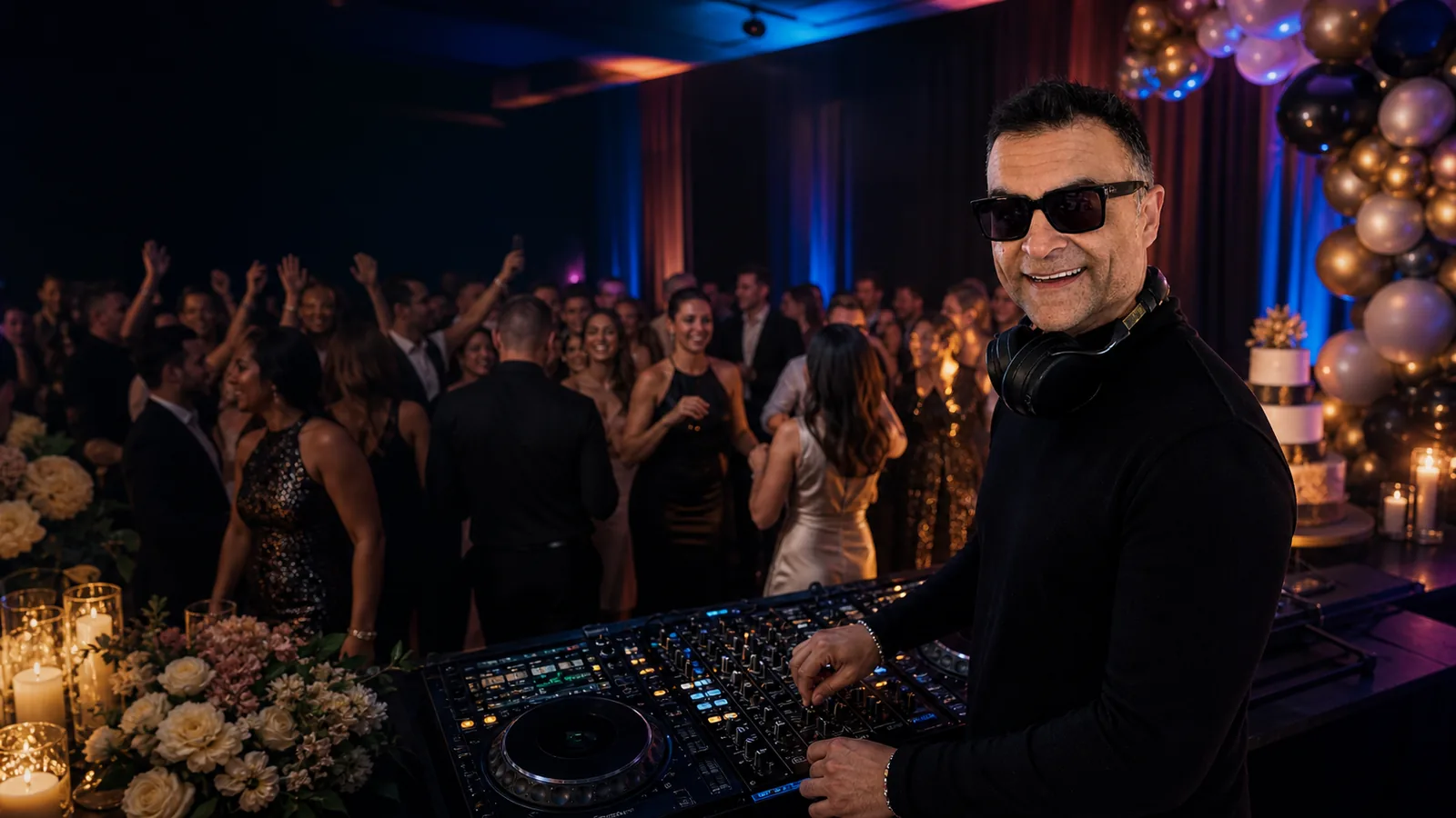 Xavish at the decks at a wedding reception, guests dancing behind him