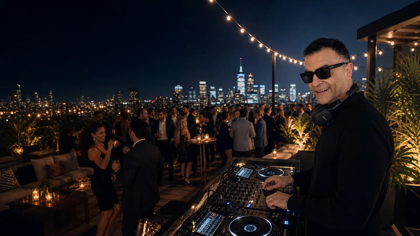 An evening rooftop function with guests and the DJ setup